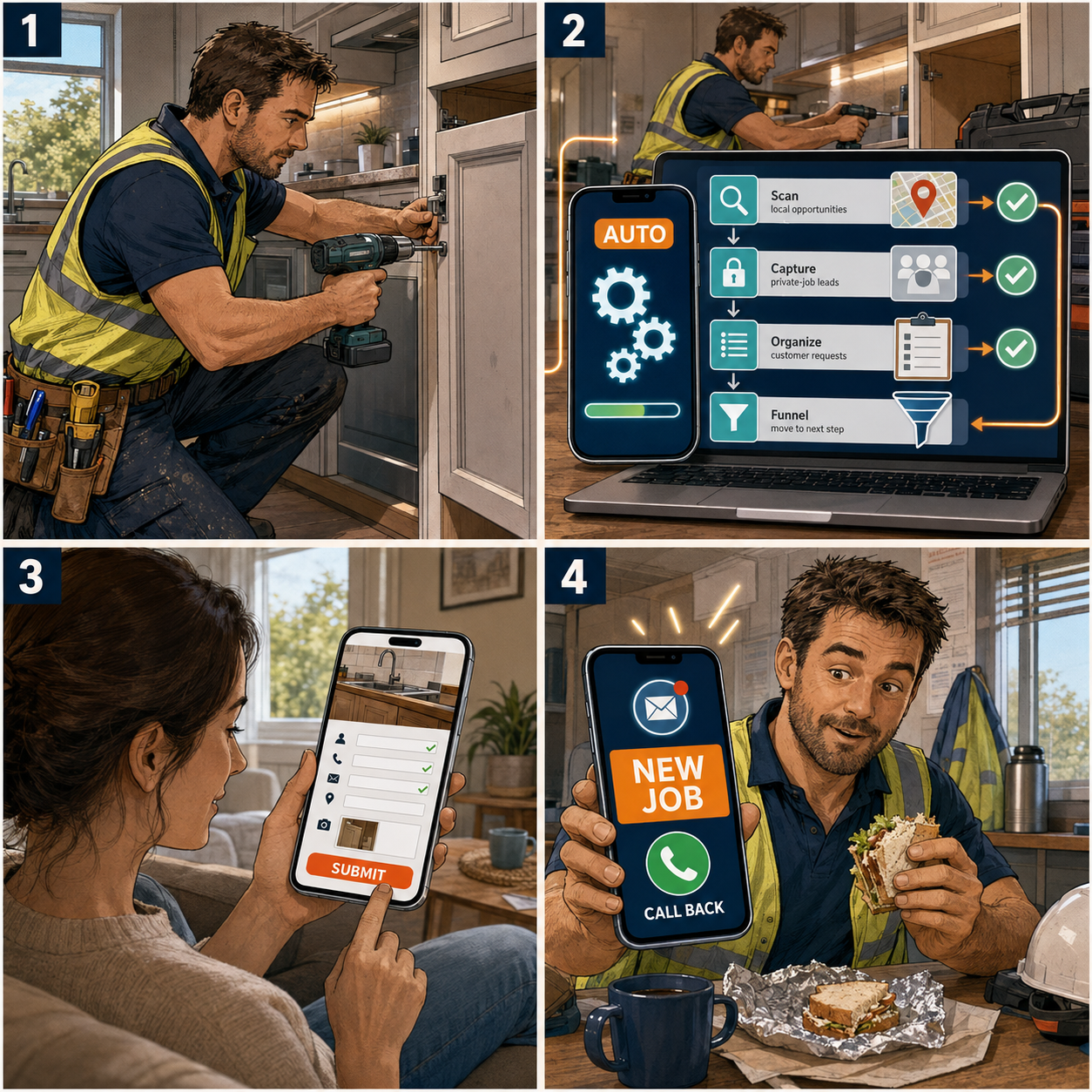 Four-stage customer enquiry journey: service discovery, automated routing, form completion and a callback notification
